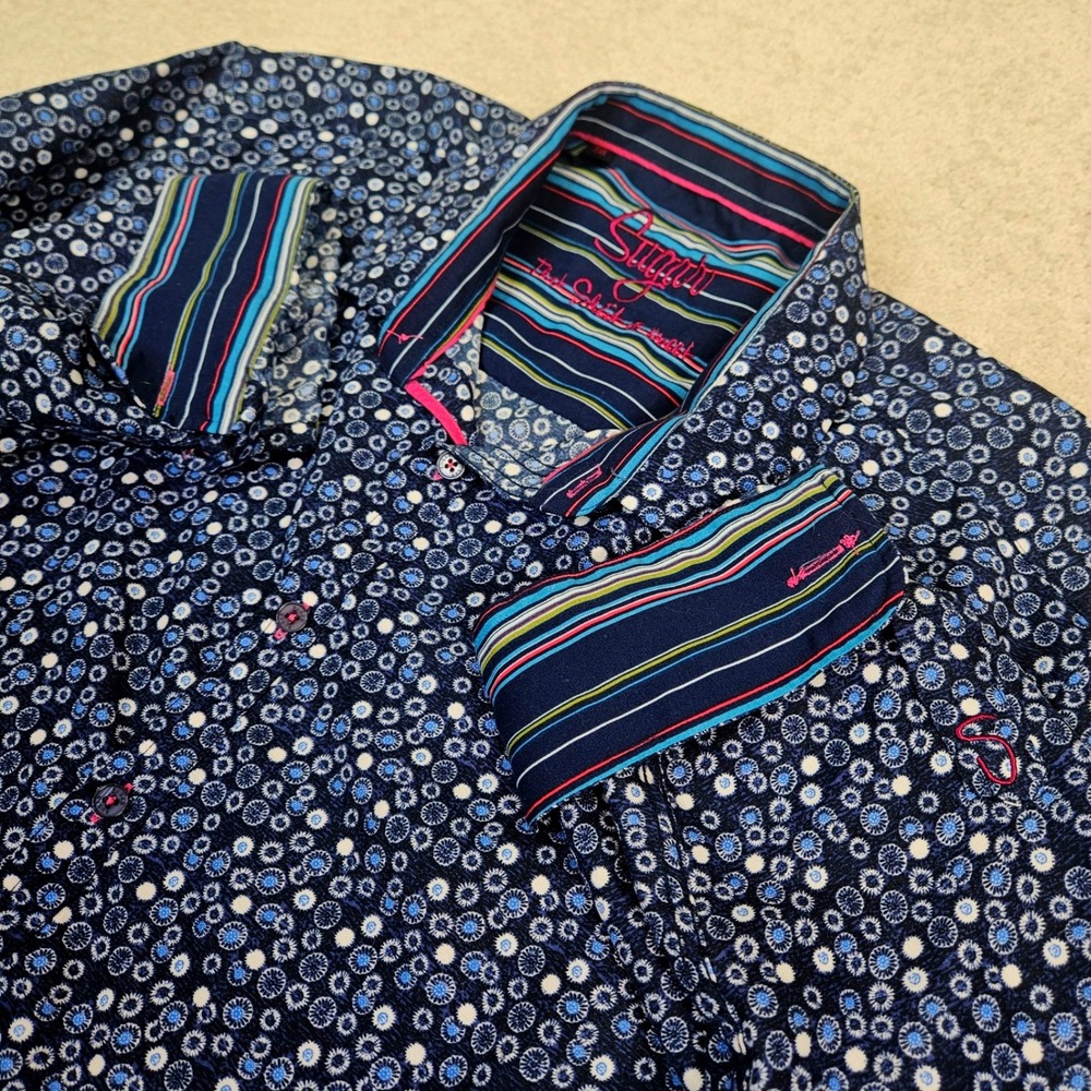 Sugar Men's Long Sleeve Button Down Contemporary Circles Pattern Blue Pink XXL‎